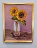 Painting Sunflowers in a milk jug (framed) Oil on Panel